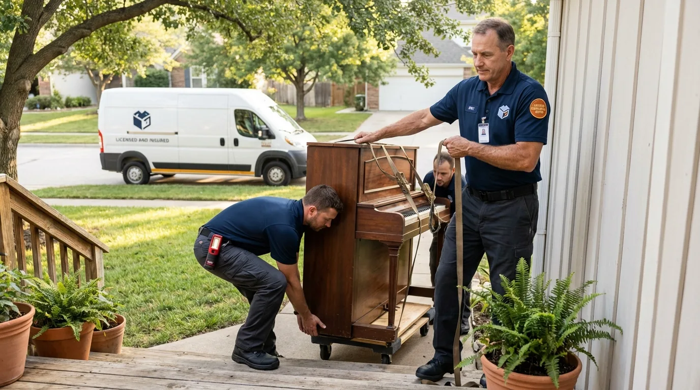Licensed piano movers securing grand piano in Saint James, MO