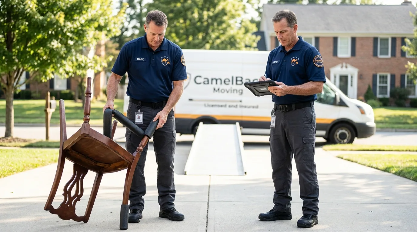 Movers inspecting furniture for damage prevention before loading in Saint James, MO