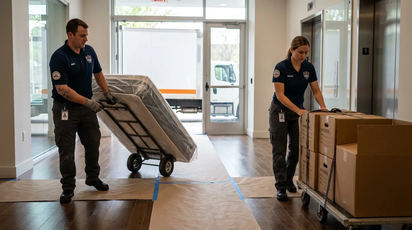 Professional apartment movers loading elevator in Saint James, MO